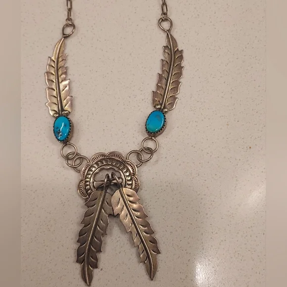 Navaho Sterling Silver & Turquoise Necklace - Picture 2 of 5